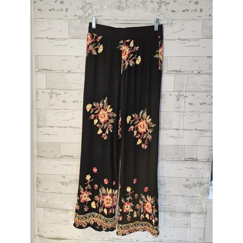 Liv Los Angeles Women Black Floral Embroidered Wide Leg Pants Small Boho